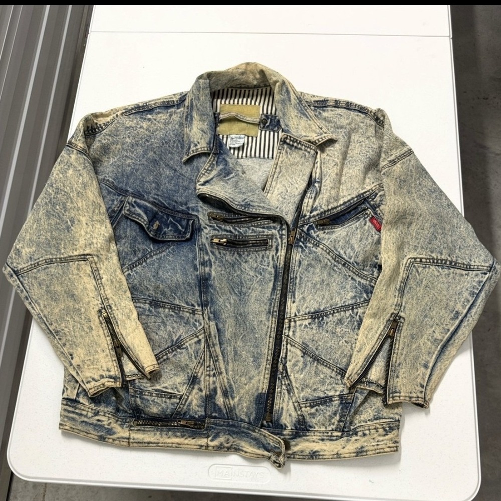 Denim Jacket Mens Medium Blue Acid Wash Excellent Vintage Moto Biker Zip